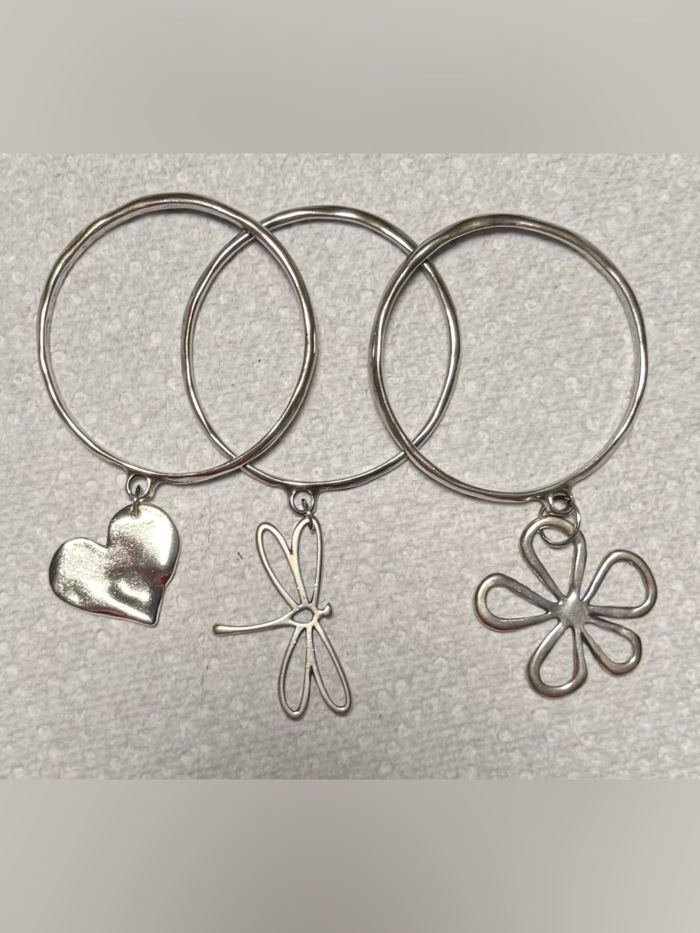 Silver Charm Heart, Dragonfly and Flower Charms Bracelets.